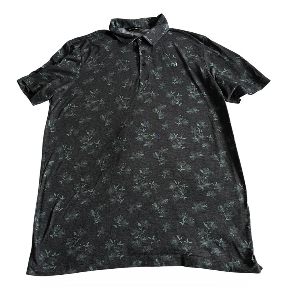 Travis Mathew Mens Polo XL Charcoal Grey Floral Tropical Leaf Performance Golf